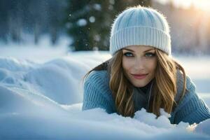 un hermosa mujer en un invierno sombrero tendido en el nieve. generado por ai foto