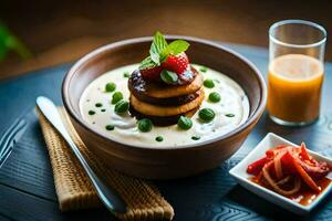 a bowl of soup with a stack of pancakes and a glass of orange juice. AI-Generated photo