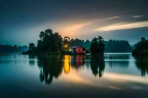 a small house on the water at dusk. AI-Generated photo