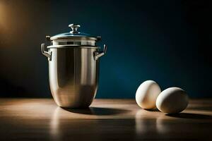 a silver canister and two eggs on a table. AI-Generated photo