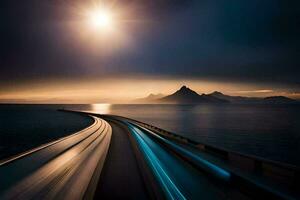 a long exposure photograph of a road with a mountain in the background. AI-Generated photo