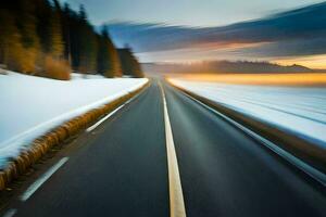 a long exposure photograph of a snowy road. AI-Generated photo