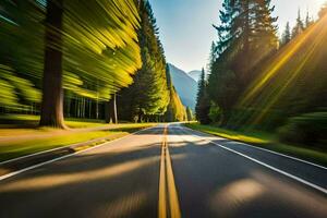 a road in the mountains with trees and sun. AI-Generated photo