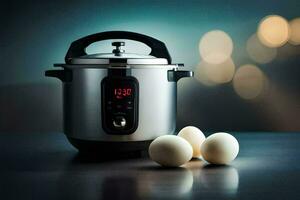 an electric pressure cooker with eggs on a table. AI-Generated photo