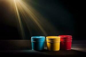 three colorful buckets on a dark surface. AI-Generated photo