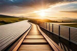 a wooden walkway leads to the sunset. AI-Generated photo