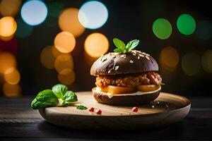 un hamburguesa con queso y tomate en un de madera lámina. generado por ai foto