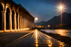 un largo pasarela con un puente terminado agua a noche. generado por ai foto