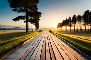 a wooden walkway leads to a field with trees. AI-Generated photo
