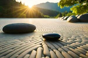 a zen garden with stones and a rock. AI-Generated photo