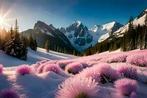 rosado flores en el nieve. generado por ai foto