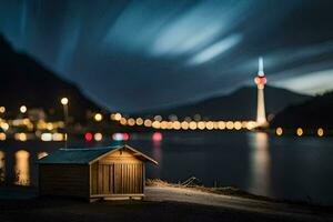 photo wallpaper the sky, mountains, lake, night, lights, the city, the city lights. AI-Generated
