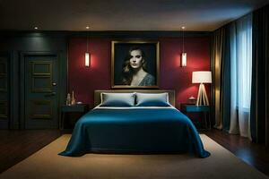 a bedroom with a blue bed and a painting on the wall. AI-Generated photo