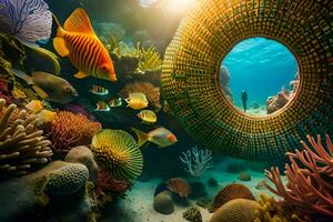 a circular window in the ocean with fish and coral. AI-Generated photo