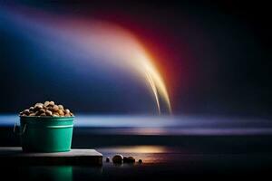 a bucket of nuts on a table with a bright light. AI-Generated photo