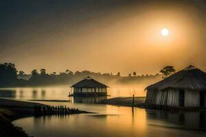 a sunrise over a lake with huts and a boat. AI-Generated photo