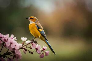 a bird sitting on a branch with pink flowers. AI-Generated photo