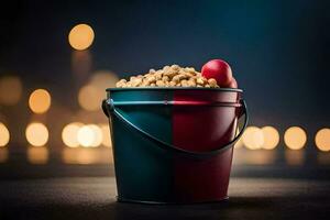 a bucket filled with popcorn and a red heart. AI-Generated photo