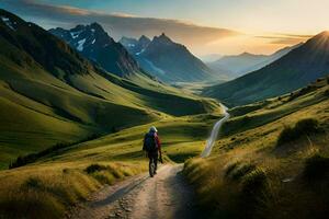 un hombre montando un bicicleta en un suciedad la carretera en el montañas. generado por ai foto