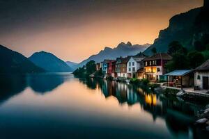 a lake and houses in the mountains at sunset. AI-Generated photo