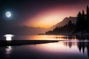 photo wallpaper the sky, the moon, the lake, the mountains, the trees, the water. AI-Generated