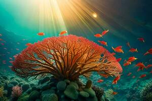 un submarino escena con coral y pez. generado por ai foto