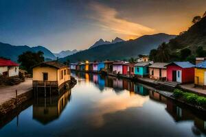 vistoso casas línea el bancos de un río a puesta de sol. generado por ai foto