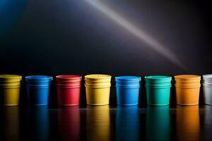 a row of colorful plastic cups on a black background. AI-Generated photo