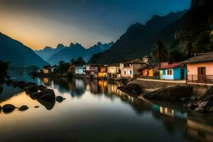 un río y casas en el montañas a puesta de sol. generado por ai foto