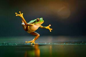 a frog is jumping on its hind legs. AI-Generated photo