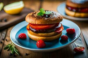 a hamburger with berries and mint on a plate. AI-Generated photo