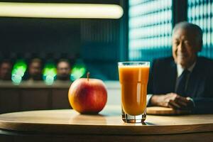 un manzana y un vaso de jugo en un mesa. generado por ai foto