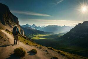 a person walking on a path in the mountains. AI-Generated photo