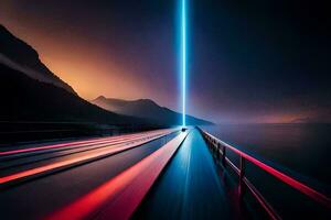 a long exposure photo of a car driving on a bridge. AI-Generated