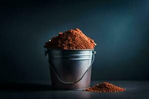 a bucket filled with red soil on a dark background. AI-Generated photo