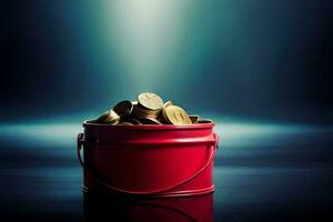 a red bucket filled with coins on a dark background. AI-Generated photo