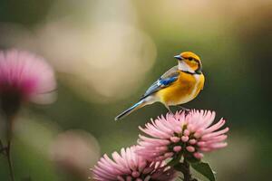 a bird is perched on top of a flower. AI-Generated photo