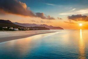 el Dom sube terminado un playa y montañas. generado por ai foto