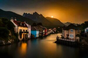 un río carreras mediante un pueblo a puesta de sol. generado por ai foto