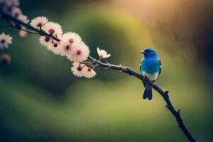 un azul pájaro se sienta en un rama con rosado flores generado por ai foto