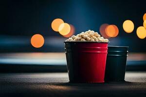 dos cubos de palomitas de maiz en un mesa con luces en el antecedentes. generado por ai foto