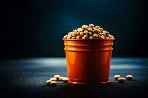 soy beans in a red bucket on a dark background. AI-Generated photo