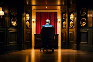 a man in a suit sitting in a chair in a room with speakers. AI-Generated photo