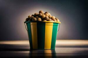 a bucket full of nuts on a dark background. AI-Generated photo