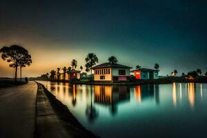 a river at night with houses and palm trees. AI-Generated photo