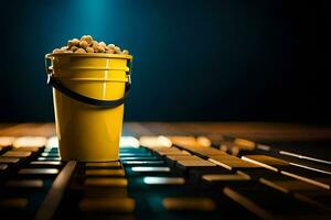 a bucket of peanuts on a keyboard. AI-Generated photo