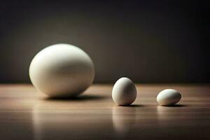 Tres huevos y un pequeño huevo en un mesa. generado por ai foto