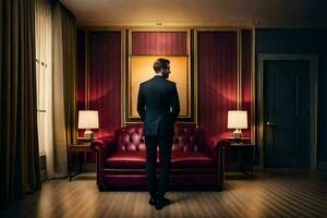 a man in a suit stands in front of a red couch. AI-Generated photo