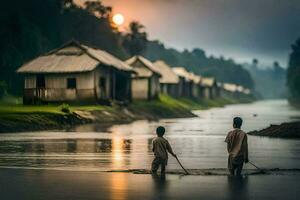 two boys are walking across a river in front of a village. AI-Generated photo
