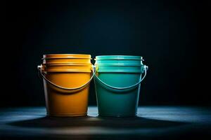 two buckets of paint on a dark background. AI-Generated photo